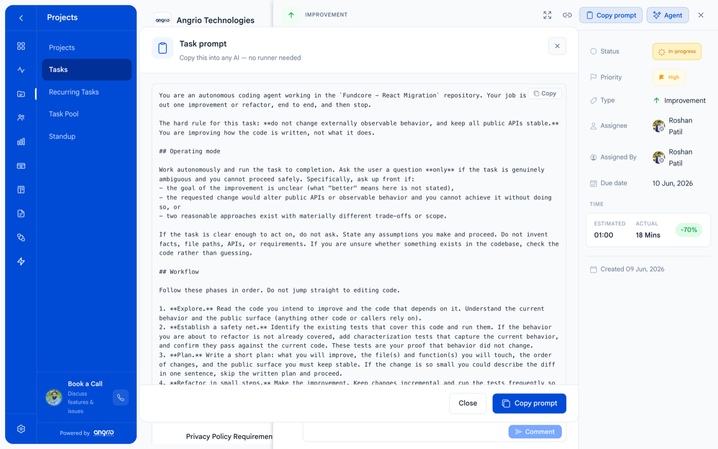 AI agent task prompt and time saved on a delegated task in Trakkar