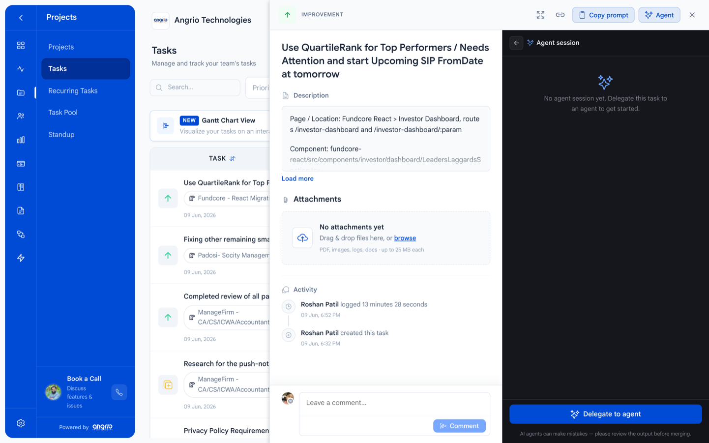 Delegate a task to an AI agent from the task view in Trakkar