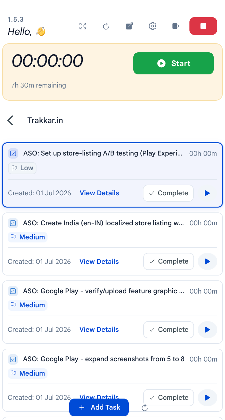 Trakkar desktop tracker with timer and assigned tasks