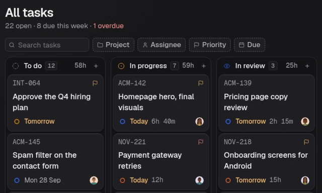 Trakkar All tasks board with To do, In progress and In review columns; each card shows a task ID, title and due date, plus logged hours on the in-progress and in-review cards