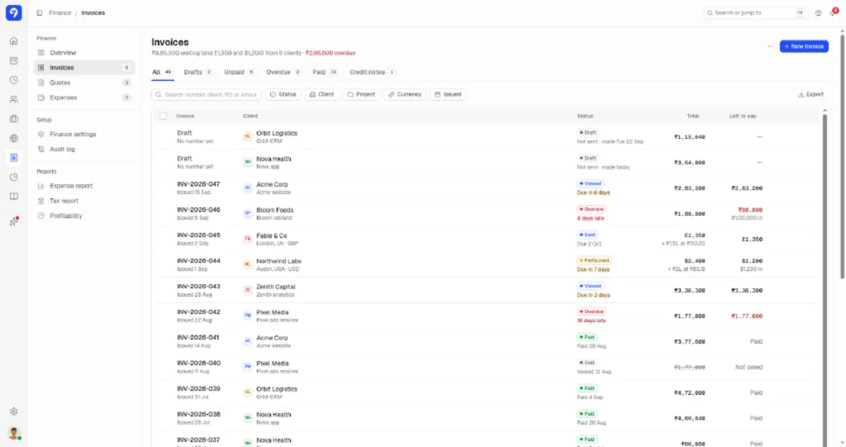 Trakkar invoices list with multi-currency totals and overdue status