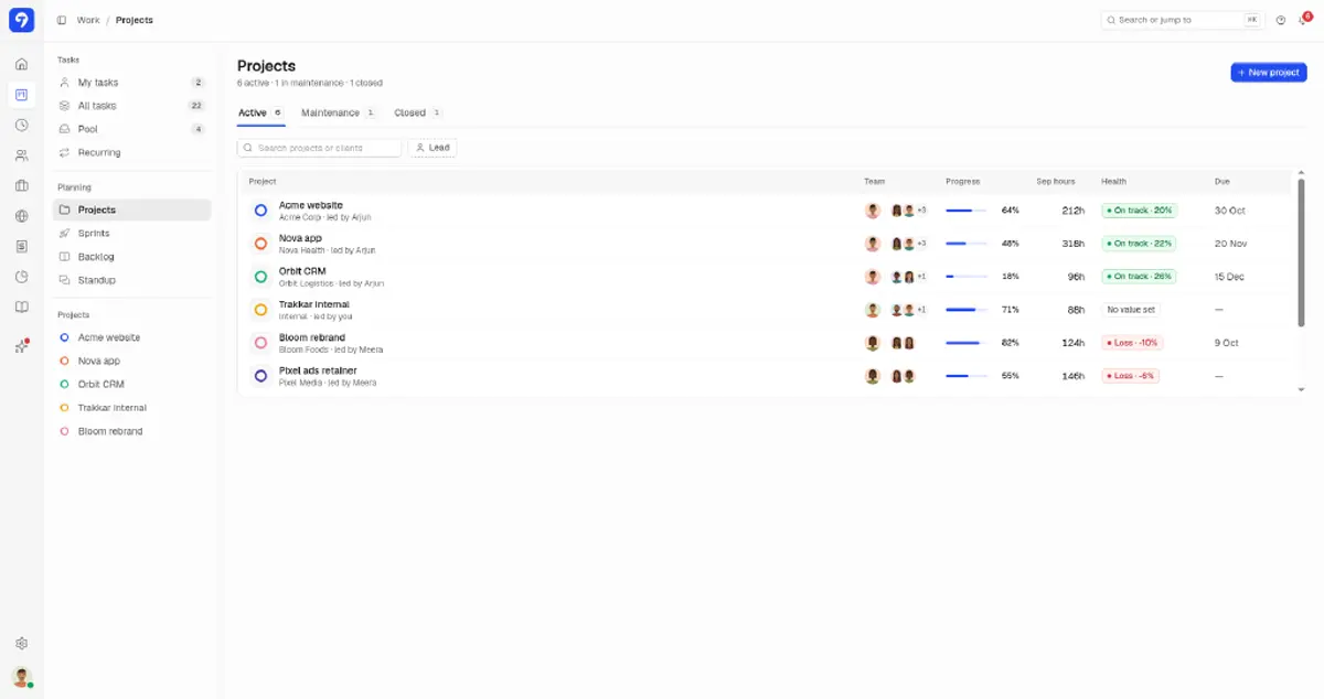Trakkar projects list with progress, September hours, and health for client projects